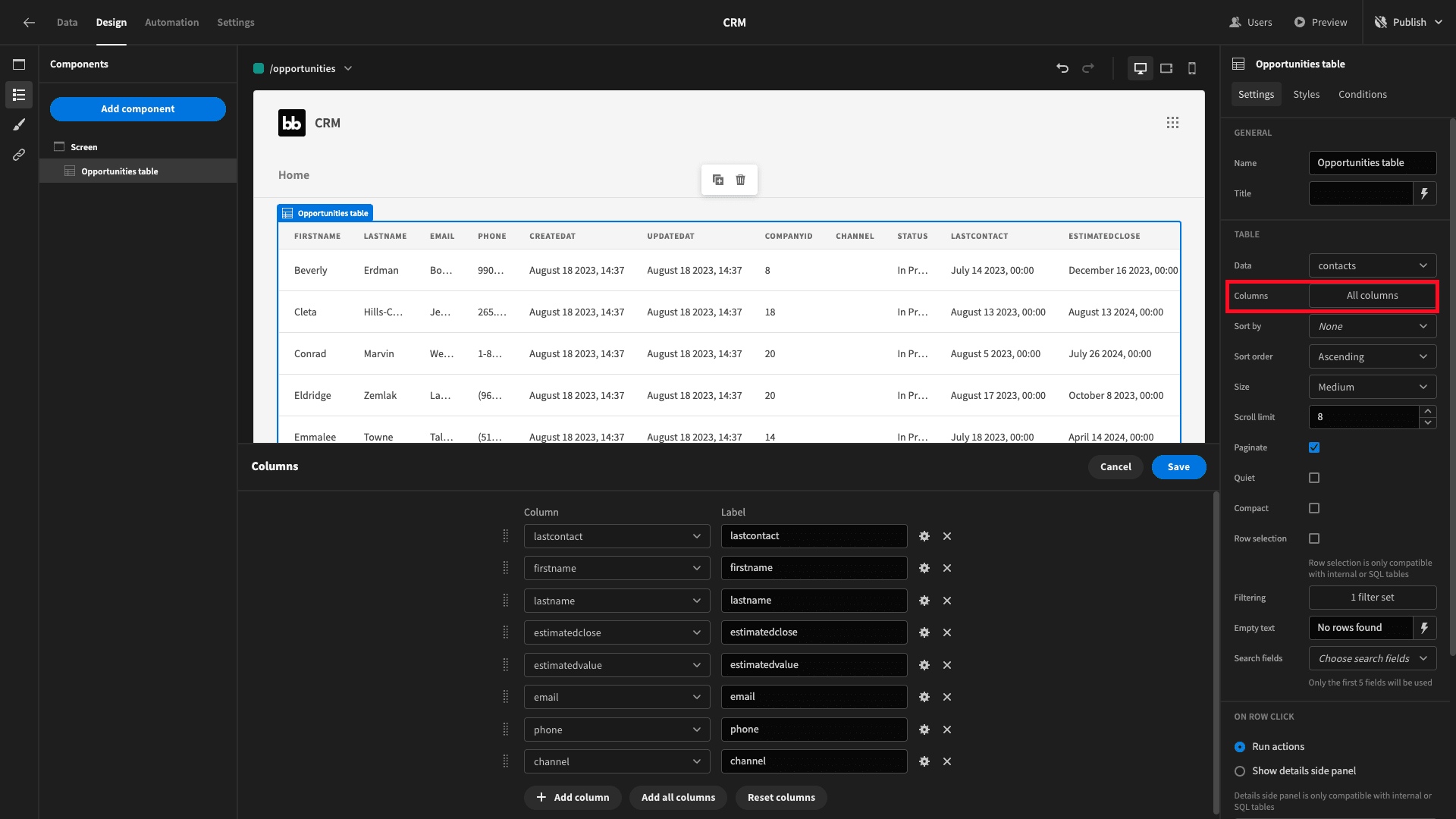 Configure columns Configure columns