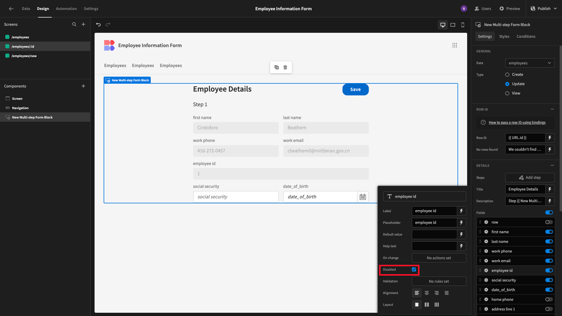 Disable Fields