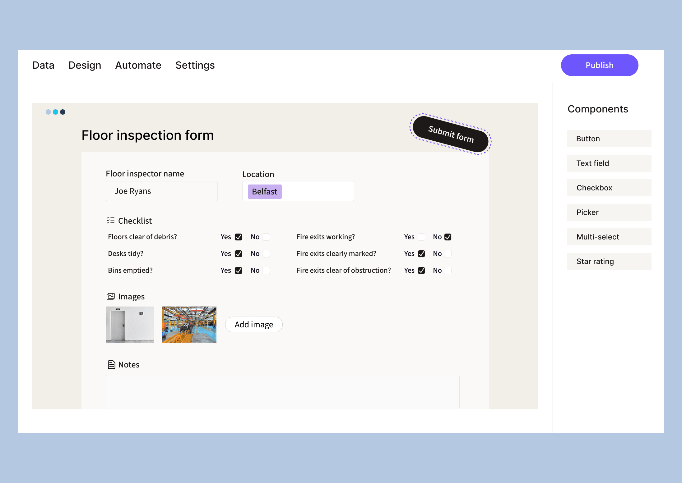 Form building interface